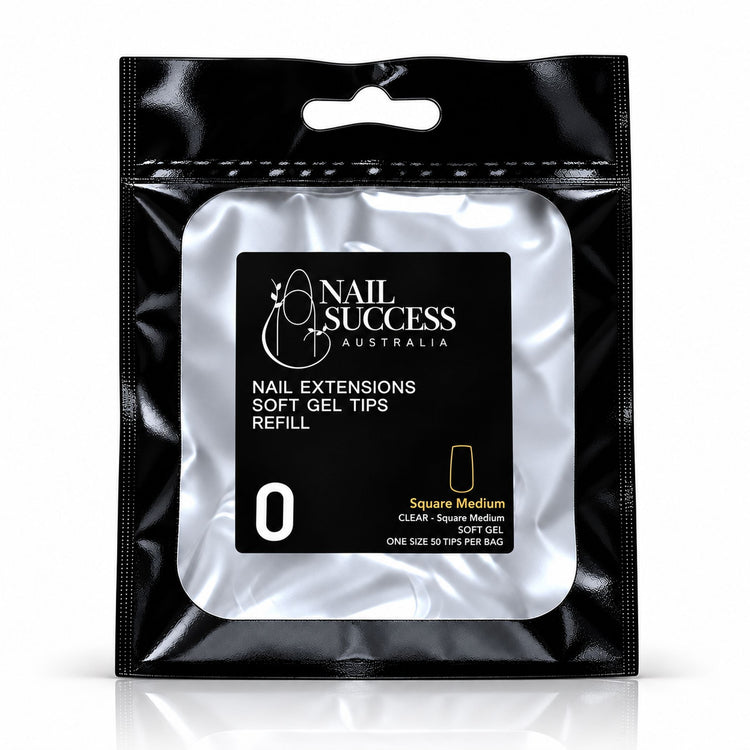 Nail Success Australia Square Medium soft gel tips refill pouch, size 0, 50 clear tips per bag