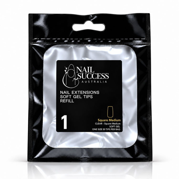 Nail Success Australia Square Medium soft gel tips refill pouch, size 1, 50 clear tips per bag