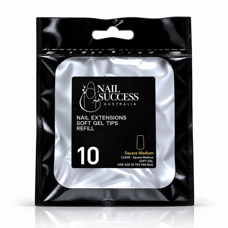 Nail Success Australia Square Medium soft gel tips refill pouch, size 10, 50 clear tips per bag