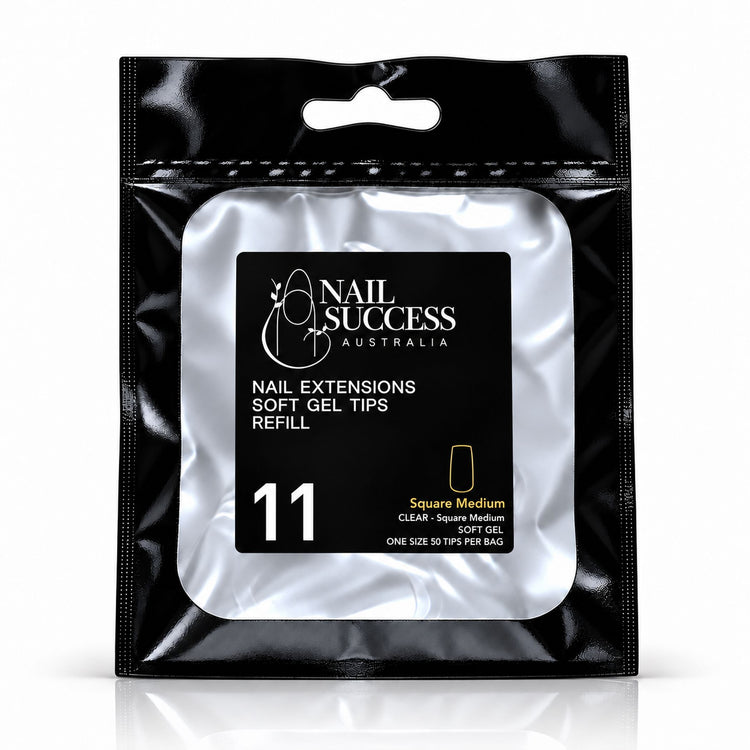 Nail Success Australia Square Medium soft gel tips refill pouch, size 11, 50 clear tips per bag