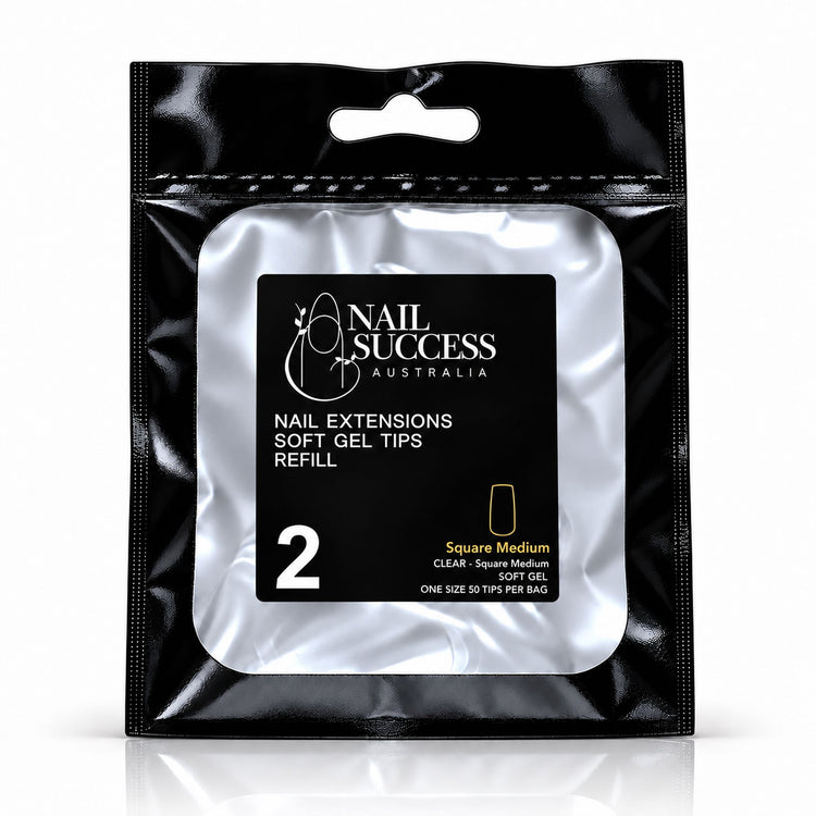 Nail Success Australia Square Medium soft gel tips refill pouch, size 2, 50 clear tips per bag