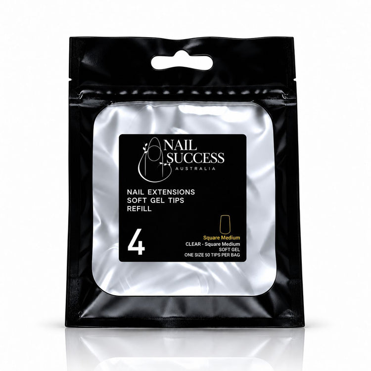 Nail Success Australia Square Medium soft gel tips refill pouch, size 4, 50 clear tips per bag