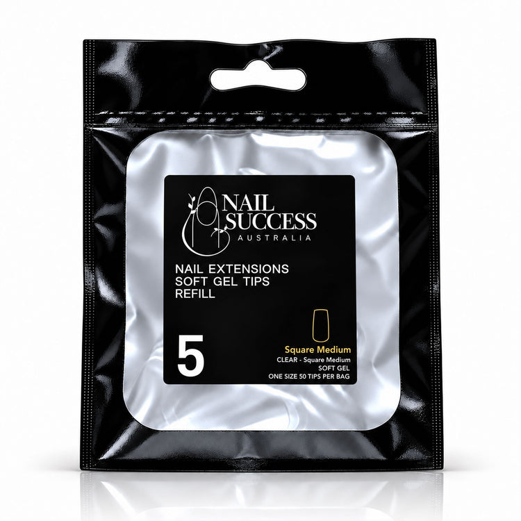 Nail Success Australia Square Medium soft gel tips refill pouch, size 5, 50 clear tips per bag