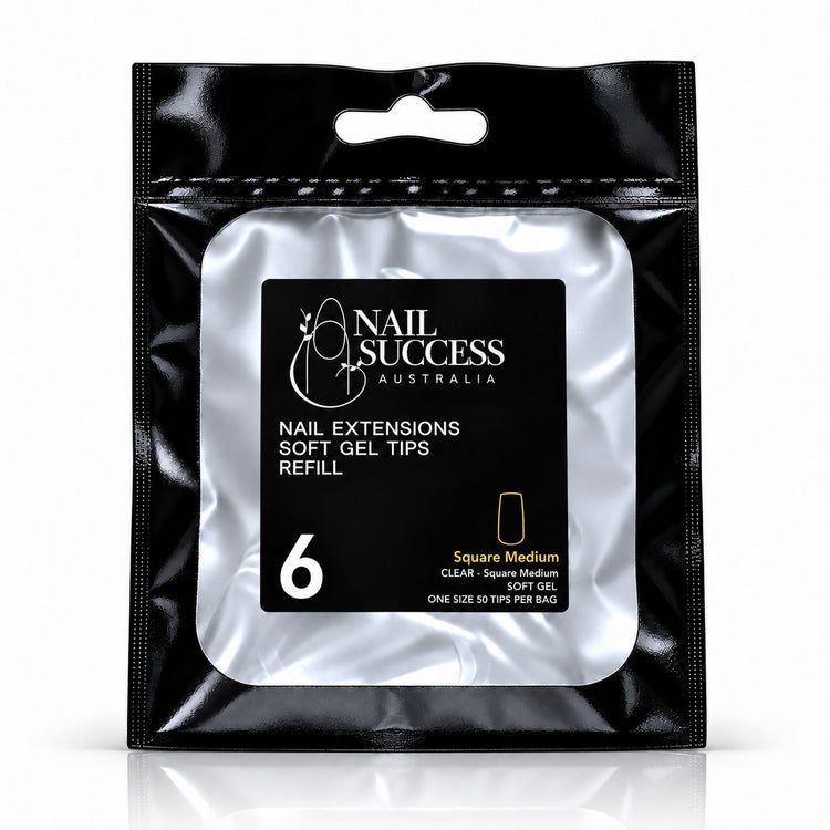 Nail Success Australia Square Medium soft gel tips refill pouch, size 6, 50 clear tips per bag