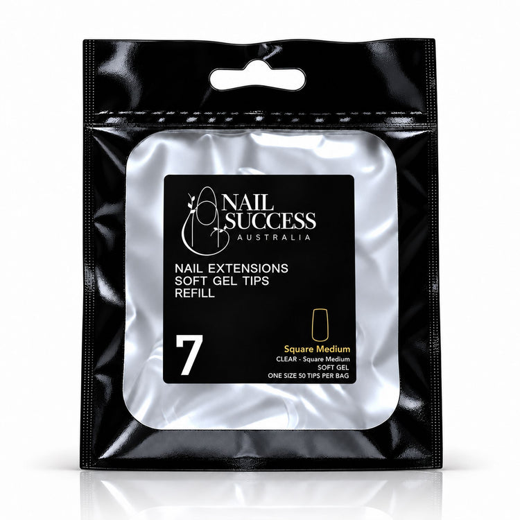 Nail Success Australia Square Medium soft gel tips refill pouch, size 7, 50 clear tips per bag