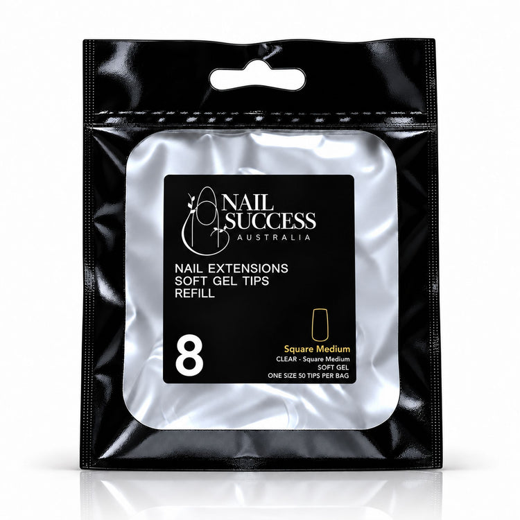 Nail Success Australia Square Medium soft gel tips refill pouch, size 8, 50 clear tips per bag