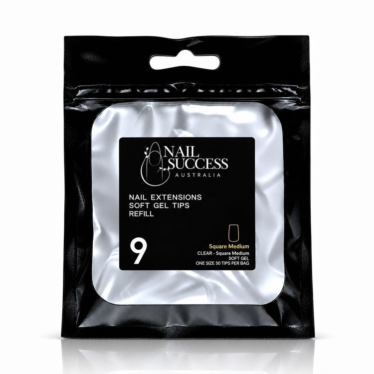 Nail Success Australia Square Medium soft gel tips refill pouch, size 9, 50 clear tips per bag