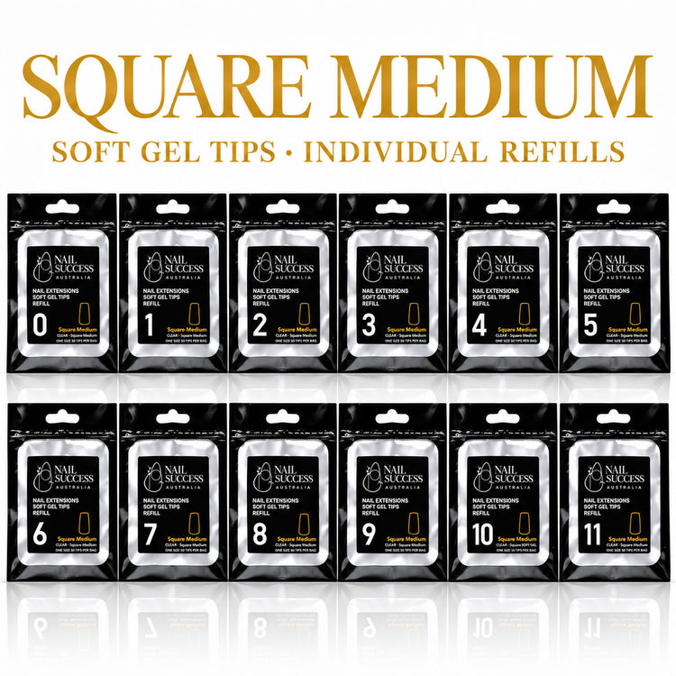 Nail Success Australia Square Medium soft gel tips individual refills, all 12 sizes, 0 to 11, 50 clear tips per pouch