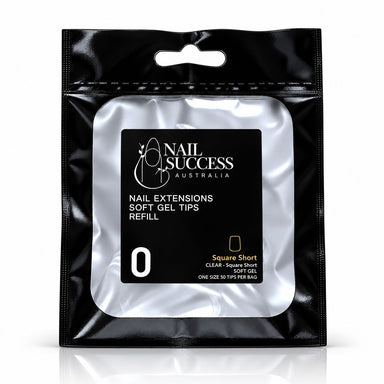 Nail Success Australia Square Short soft gel tips refill pouch, size 0, 50 clear tips per bag