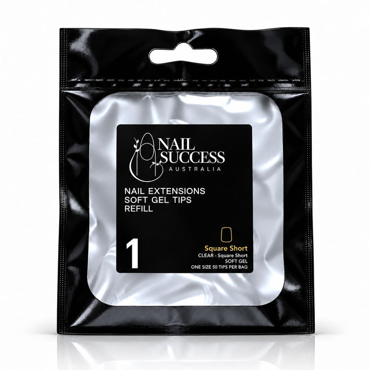 Nail Success Australia Square Short soft gel tips refill pouch, size 1, 50 clear tips per bag