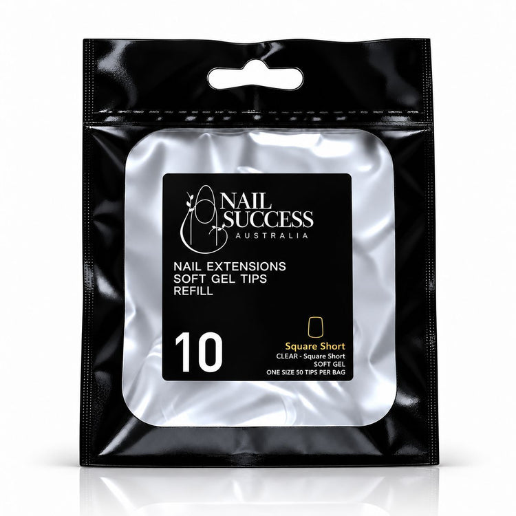 Nail Success Australia Square Short soft gel tips refill pouch, size 10, 50 clear tips per bag
