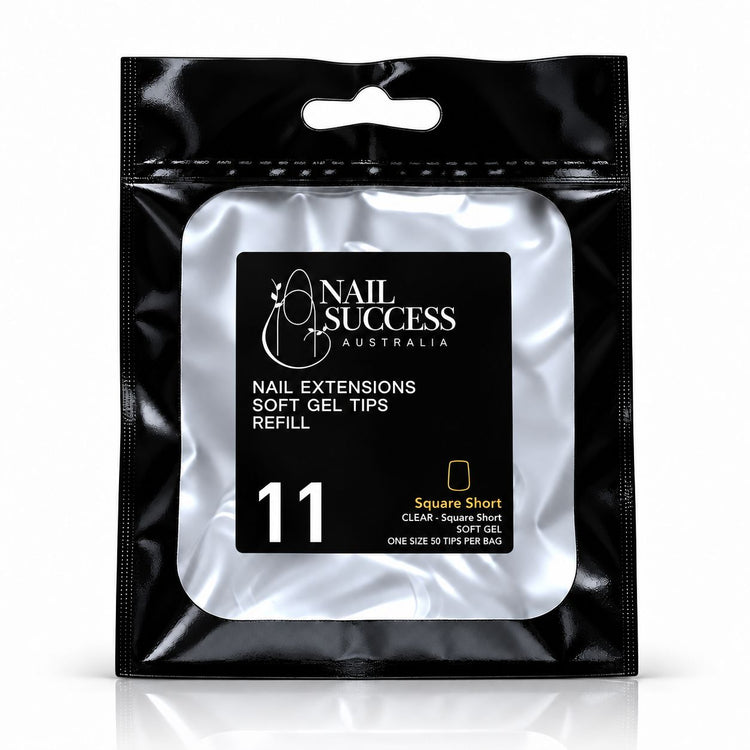 Nail Success Australia Square Short soft gel tips refill pouch, size 11, 50 clear tips per bag
