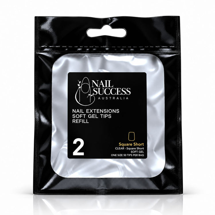 Nail Success Australia Square Short soft gel tips refill pouch, size 2, 50 clear tips per bag