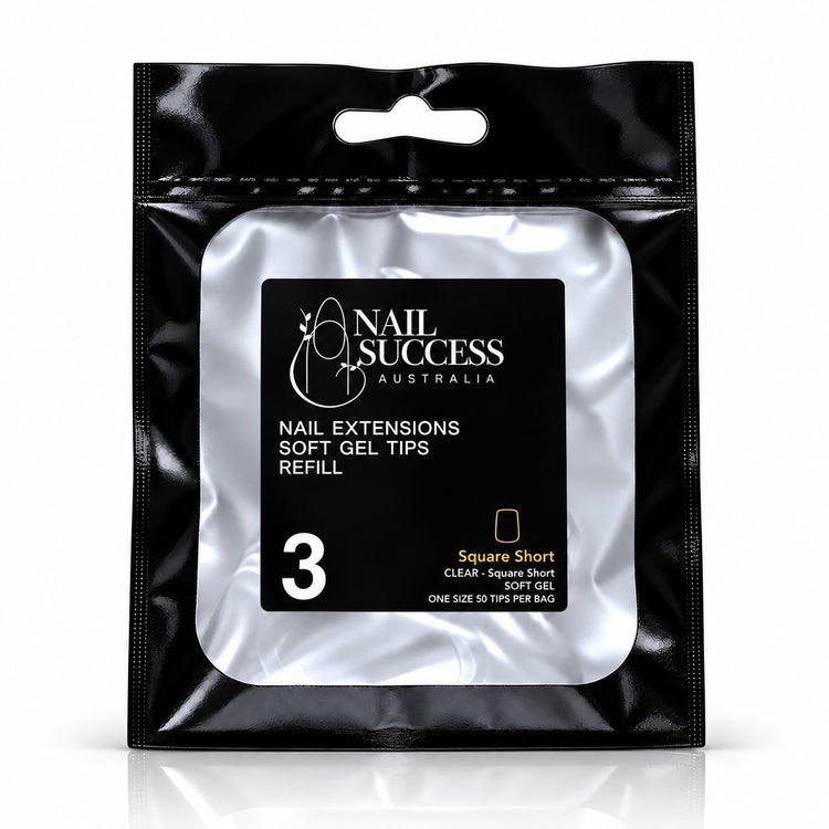 Nail Success Australia Square Short soft gel tips refill pouch, size 3, 50 clear tips per bag