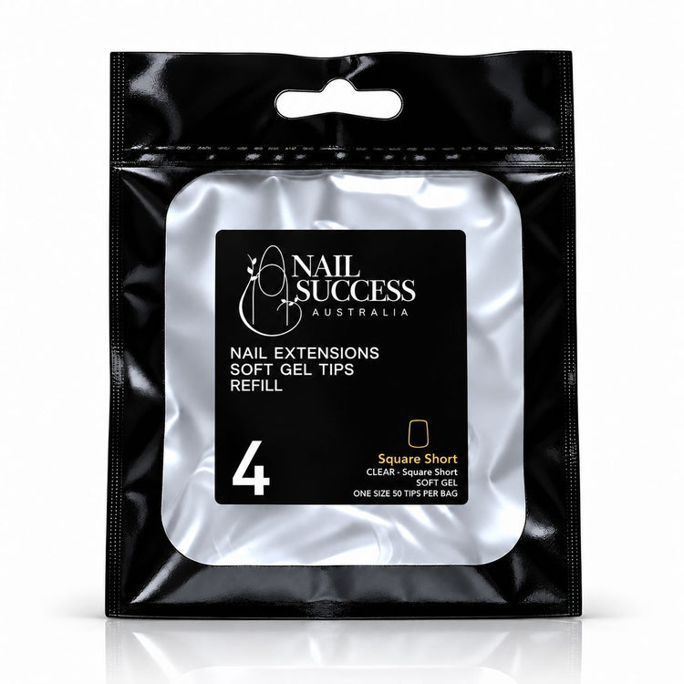 Nail Success Australia Square Short soft gel tips refill pouch, size 4, 50 clear tips per bag