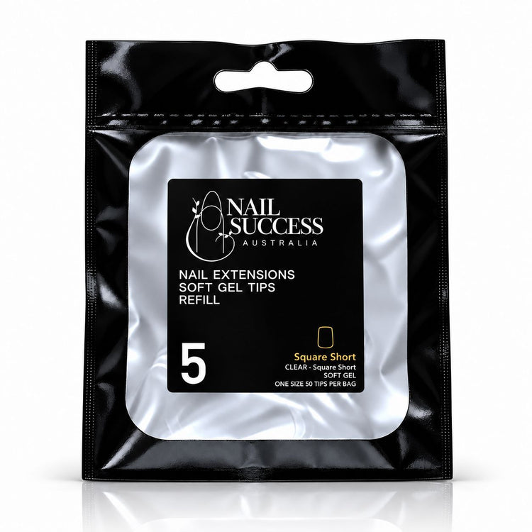 Nail Success Australia Square Short soft gel tips refill pouch, size 5, 50 clear tips per bag