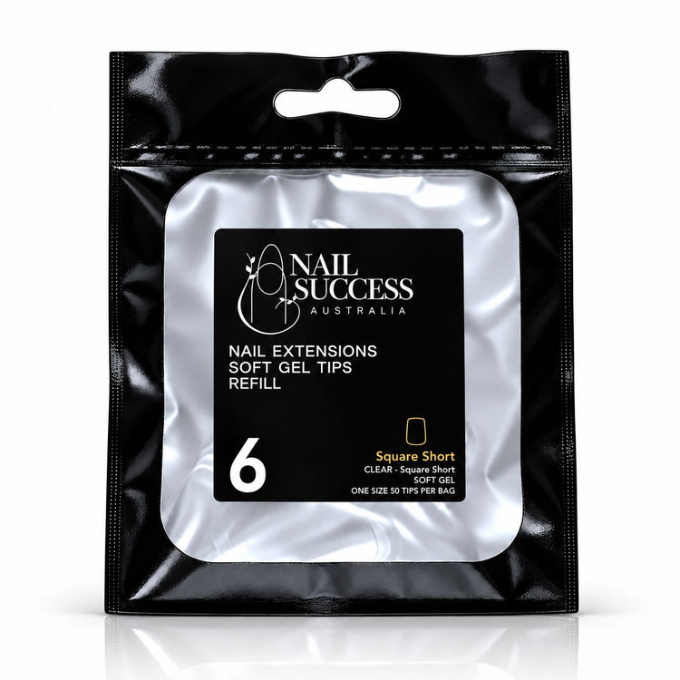 Nail Success Australia Square Short soft gel tips refill pouch, size 6, 50 clear tips per bag