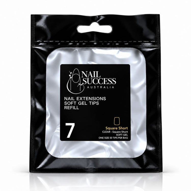 Nail Success Australia Square Short soft gel tips refill pouch, size 7, 50 clear tips per bag