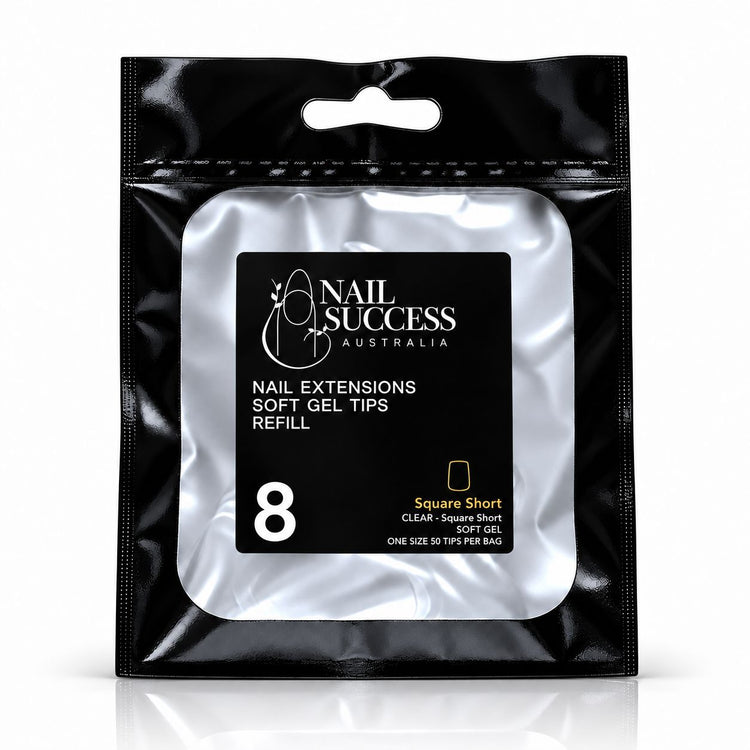 Nail Success Australia Square Short soft gel tips refill pouch, size 8, 50 clear tips per bag