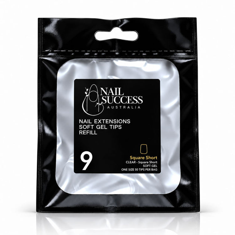 Nail Success Australia Square Short soft gel tips refill pouch, size 9, 50 clear tips per bag