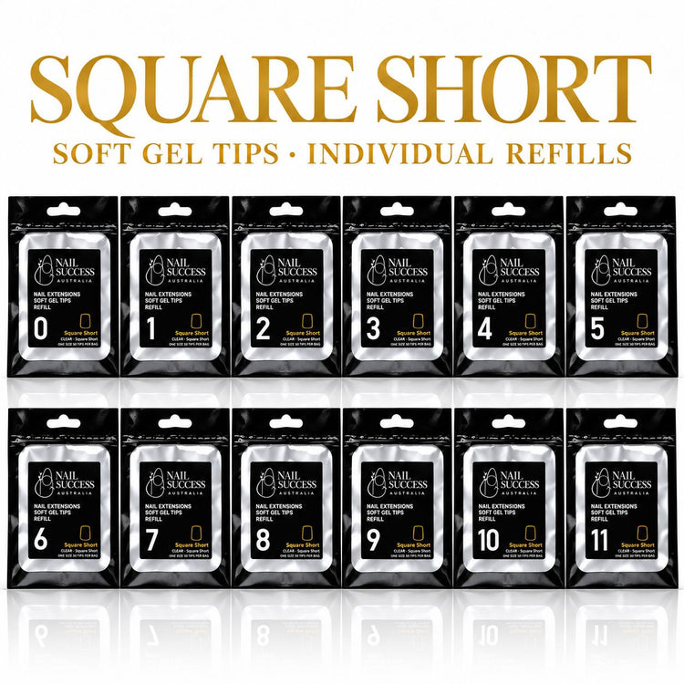 Nail Success Australia Square Short soft gel tips individual refills, all 12 sizes, 0 to 11, 50 clear tips per pouch