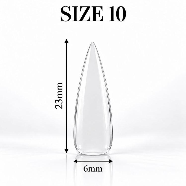 Nail Success Australia Stiletto Medium soft gel tip, size 10, clear, 23 mm long x 6 mm wide