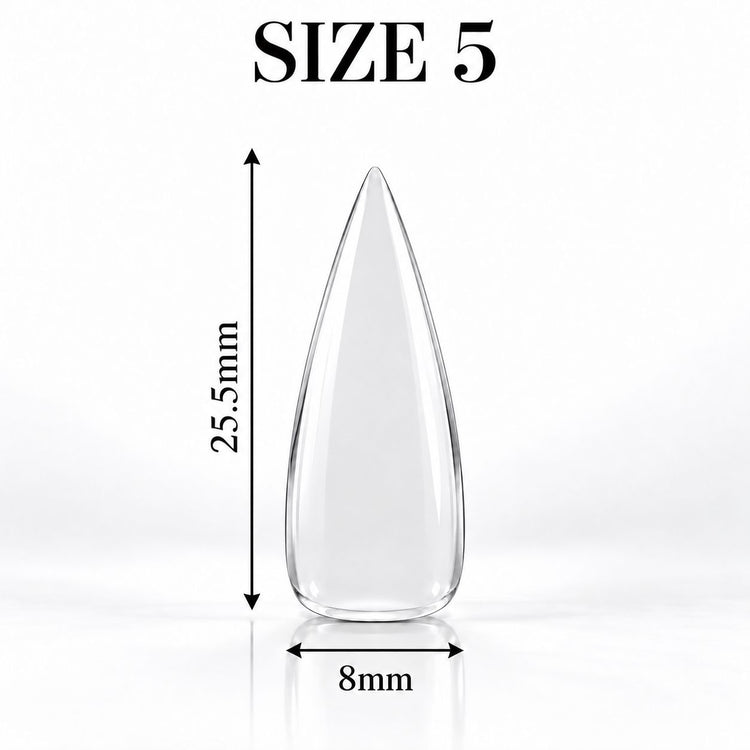 Nail Success Australia Stiletto Medium soft gel tip, size 5, clear, 25.5 mm long x 8 mm wide