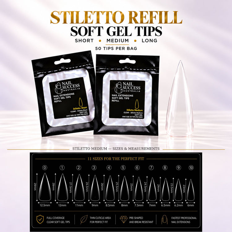 Nail Success Australia Stiletto refill soft gel tips in Short, Medium and Long, 50 tips per bag, with the Stiletto Medium size chart for sizes 0 to 10