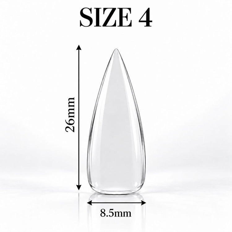 Nail Success Australia Stiletto Medium soft gel tip, size 4, clear, 26 mm long x 8.5 mm wide