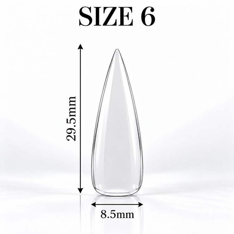 Nail Success Australia Stiletto Long soft gel tip, size 6, clear, 29.5 mm long x 8.5 mm wide