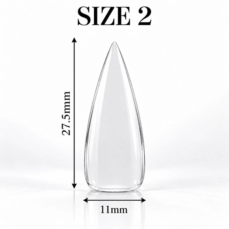 Nail Success Australia Stiletto Medium soft gel tip, size 2, clear, 27.5 mm long x 11 mm wide