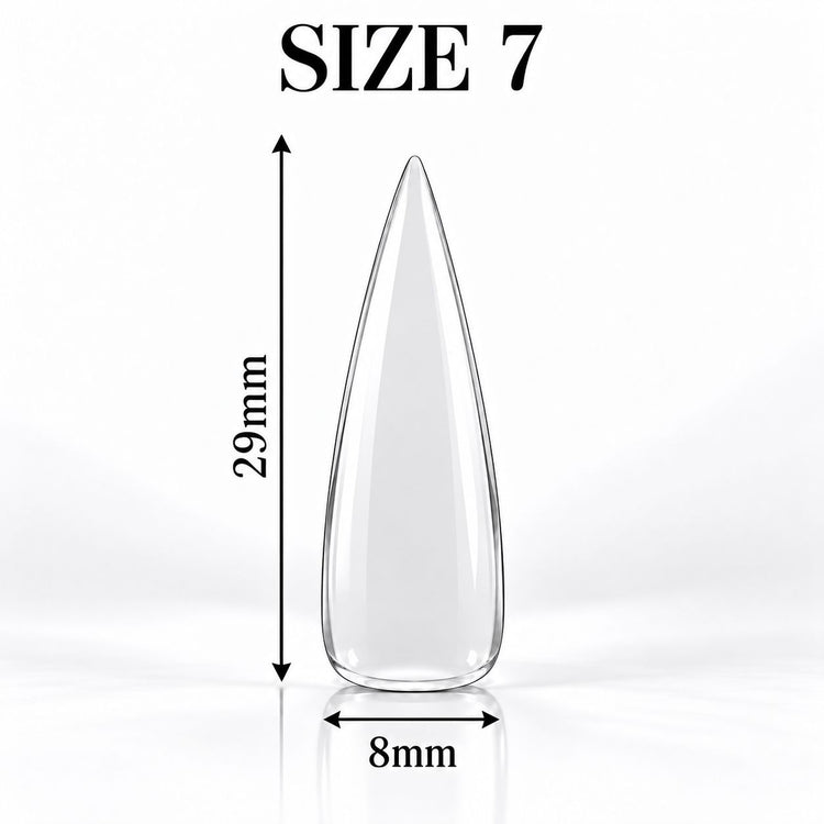 Nail Success Australia Stiletto Long soft gel tip, size 7, clear, 29 mm long x 8 mm wide