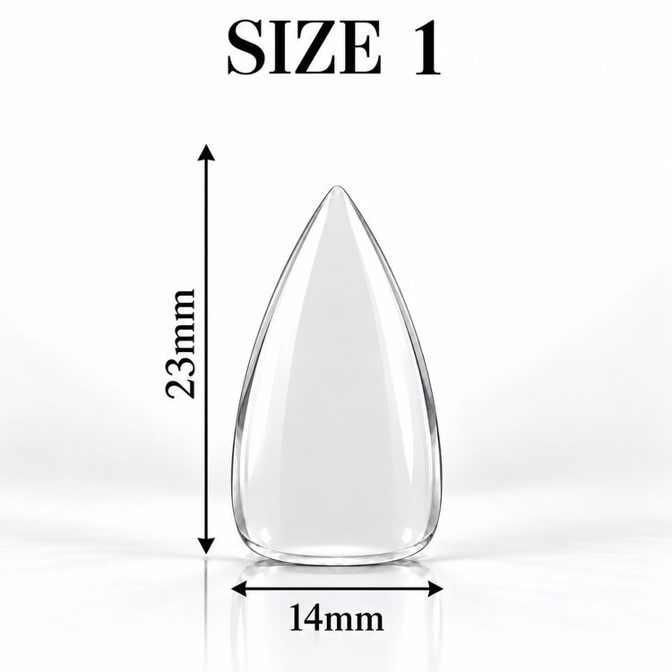 Nail Success Australia Stiletto Short soft gel tip, size 1, clear, 23 mm long x 14 mm wide