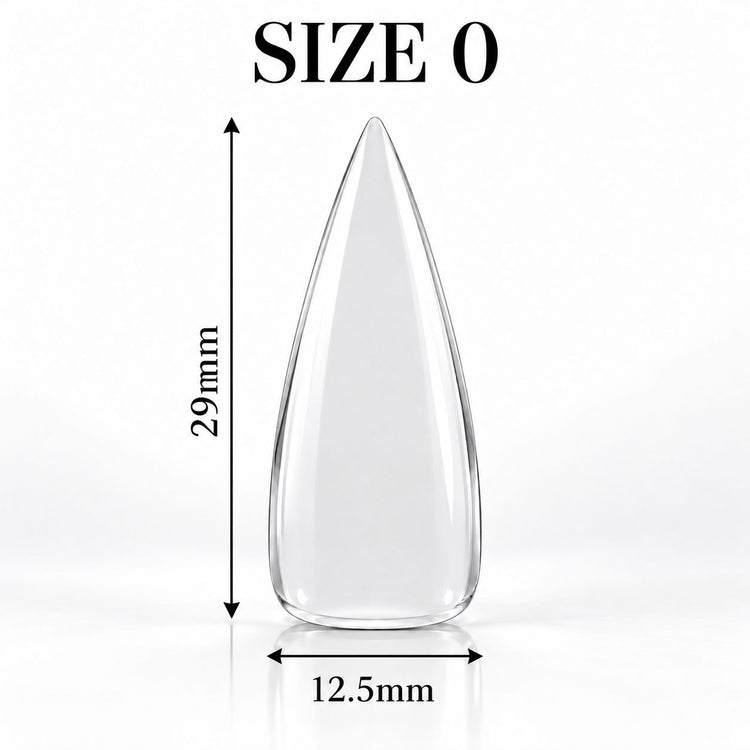 Nail Success Australia Stiletto Medium soft gel tip, size 0, clear, 29 mm long x 12.5 mm wide