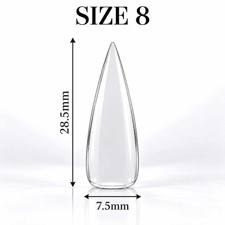 Nail Success Australia Stiletto Long soft gel tip, size 8, clear, 28.5 mm long x 7.5 mm wide