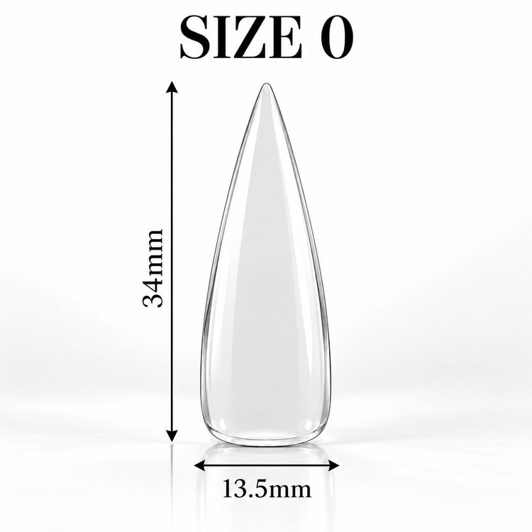 Nail Success Australia Stiletto Long soft gel tip, size 0, clear, 34 mm long x 13.5 mm wide