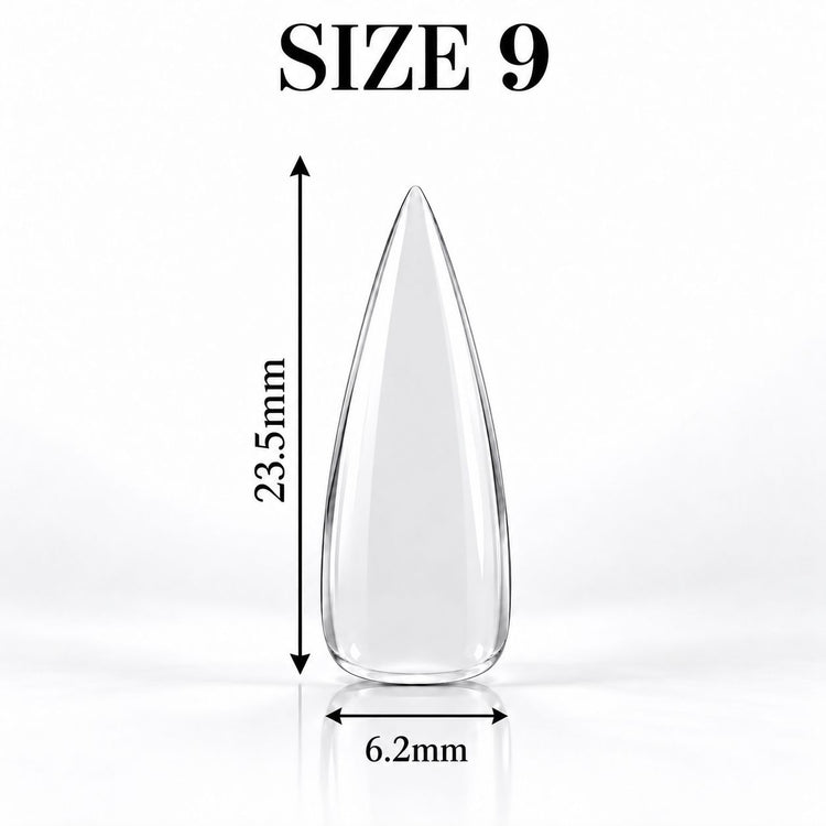 Nail Success Australia Stiletto Medium soft gel tip, size 9, clear, 23.5 mm long x 6.2 mm wide