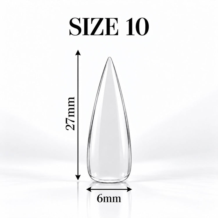 Nail Success Australia Stiletto Long soft gel tip, size 10, clear, 27 mm long x 6 mm wide