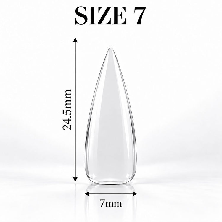 Nail Success Australia Stiletto Medium soft gel tip, size 7, clear, 24.5 mm long x 7 mm wide
