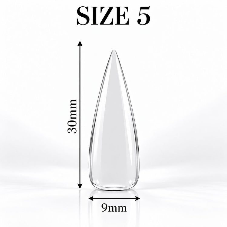 Nail Success Australia Stiletto Long soft gel tip, size 5, clear, 30 mm long x 9 mm wide