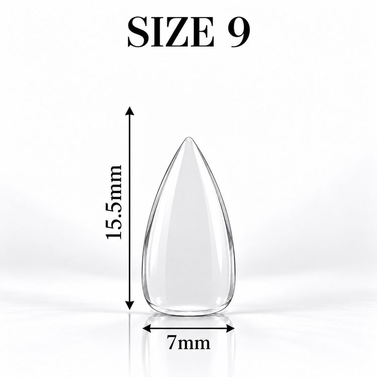 Nail Success Australia Stiletto Short soft gel tip, size 9, clear, 15.5 mm long x 7 mm wide