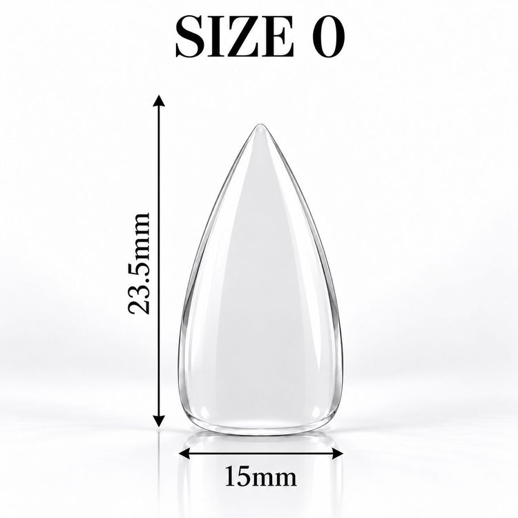 Nail Success Australia Stiletto Short soft gel tip, size 0, clear, 23.5 mm long x 15 mm wide