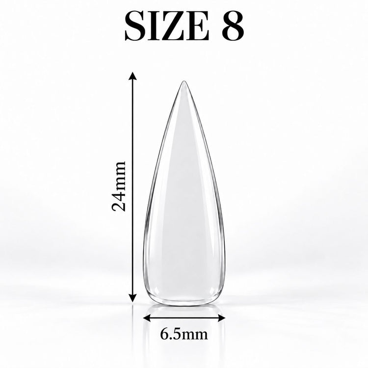 Nail Success Australia Stiletto Medium soft gel tip, size 8, clear, 24 mm long x 6.5 mm wide