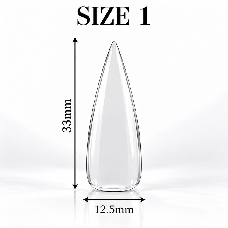 Nail Success Australia Stiletto Long soft gel tip, size 1, clear, 33 mm long x 12.5 mm wide