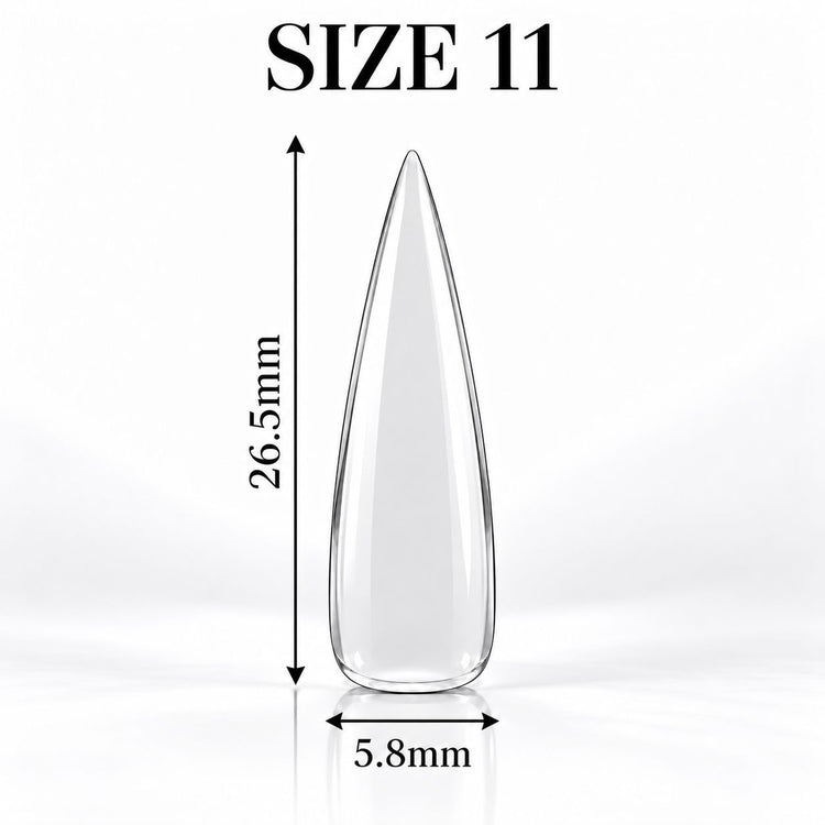 Nail Success Australia Stiletto Long soft gel tip, size 11, clear, 26.5 mm long x 5.8 mm wide