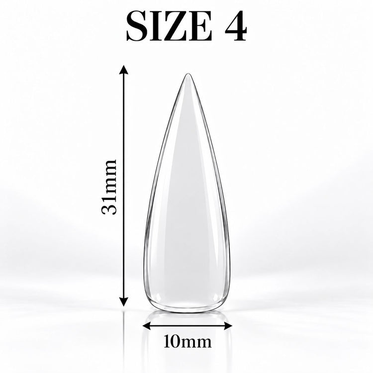 Nail Success Australia Stiletto Long soft gel tip, size 4, clear, 31 mm long x 10 mm wide