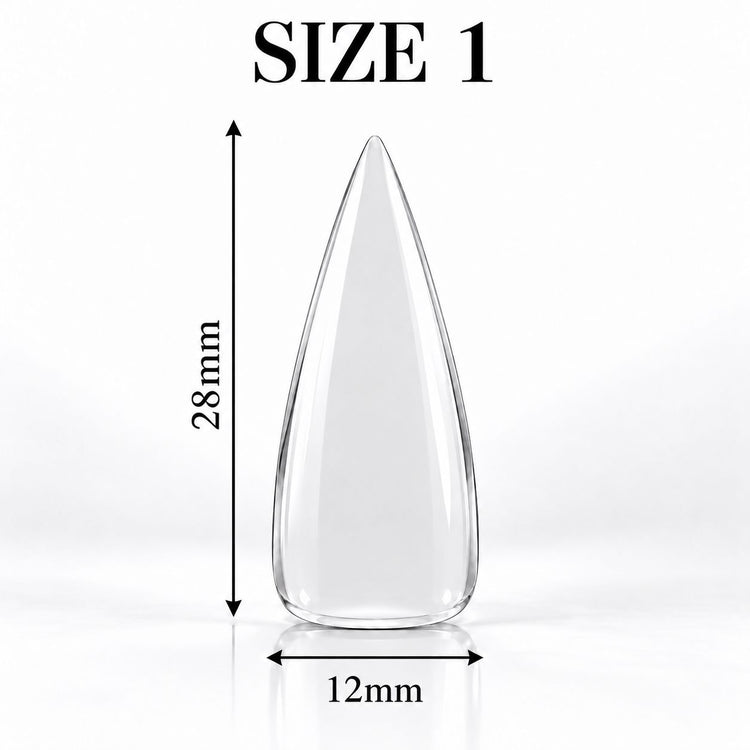 Nail Success Australia Stiletto Medium soft gel tip, size 1, clear, 28 mm long x 12 mm wide