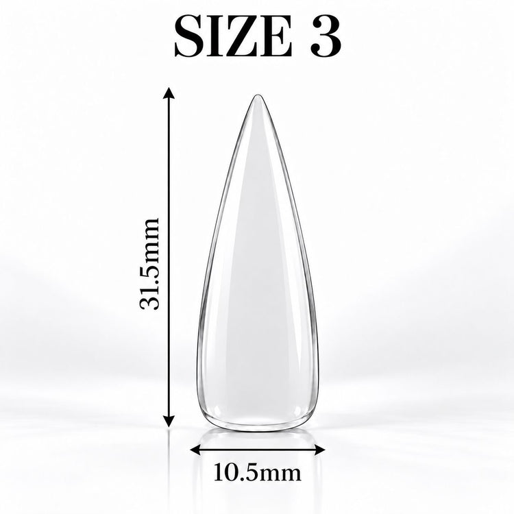 Nail Success Australia Stiletto Long soft gel tip, size 3, clear, 31.5 mm long x 10.5 mm wide
