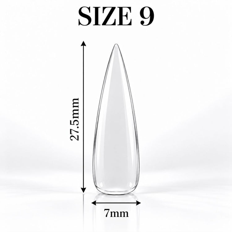 Nail Success Australia Stiletto Long soft gel tip, size 9, clear, 27.5 mm long x 7 mm wide