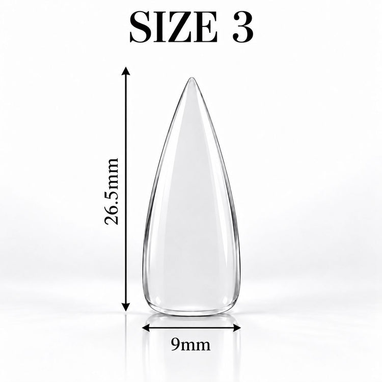 Nail Success Australia Stiletto Medium soft gel tip, size 3, clear, 26.5 mm long x 9 mm wide